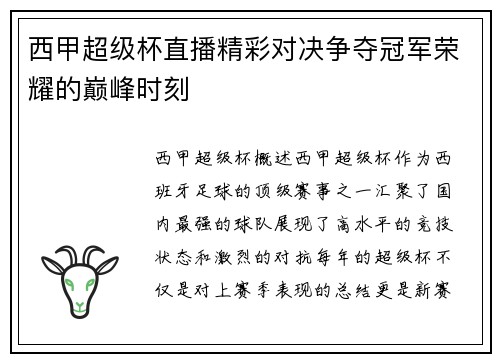 西甲超级杯直播精彩对决争夺冠军荣耀的巅峰时刻