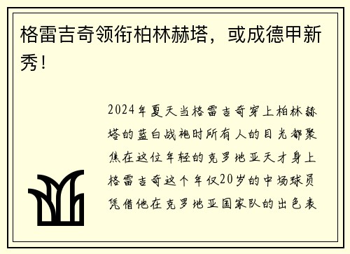 格雷吉奇领衔柏林赫塔，或成德甲新秀！